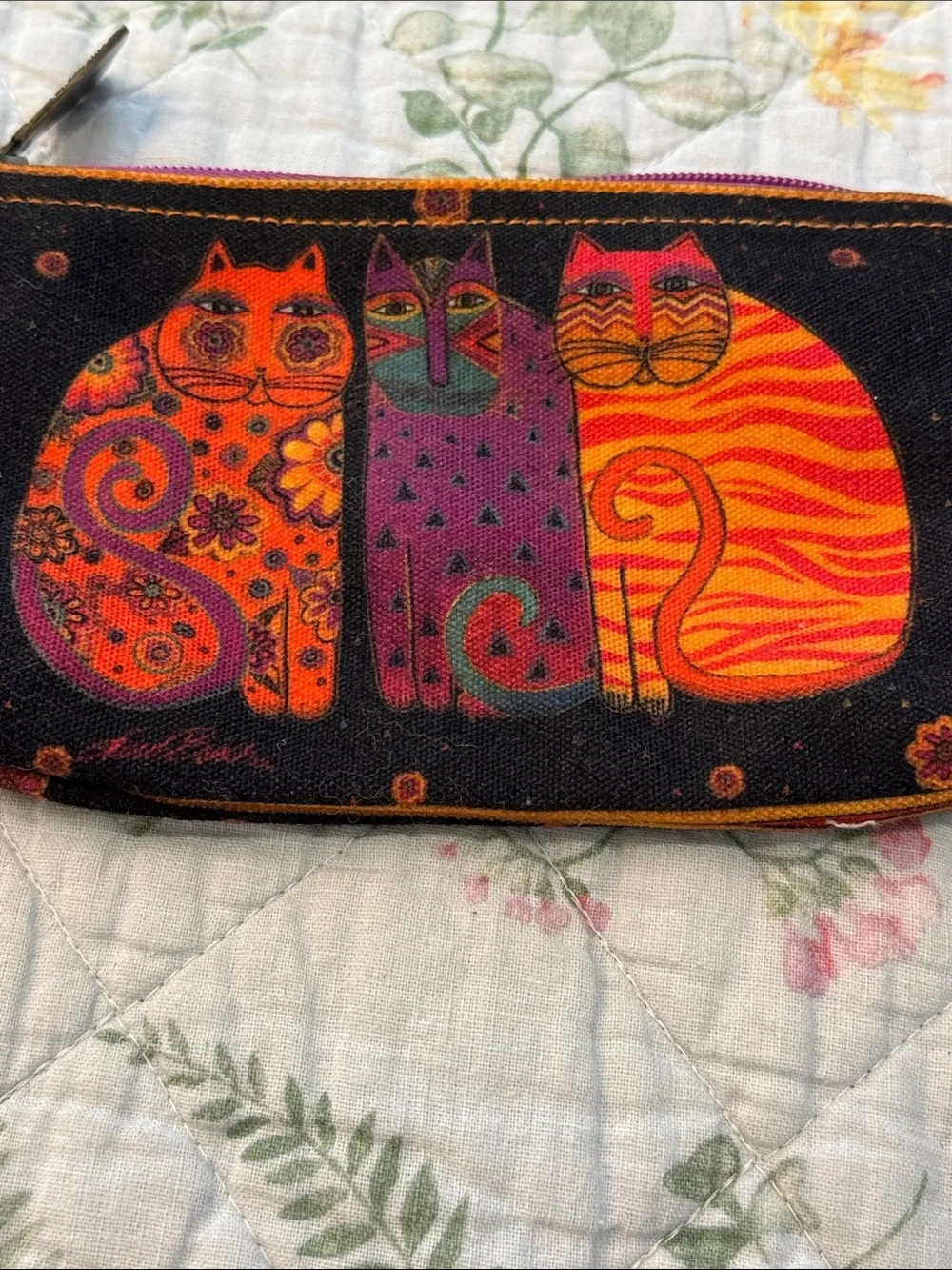 Laurel Burch Colorful Painted Cats On Black Canvas Cosmetic Bag Orange Kitty